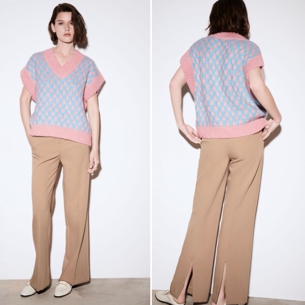 Zara Chunky Knit Sweater Vest Pink Blue Checkered V Neck Oversized Small